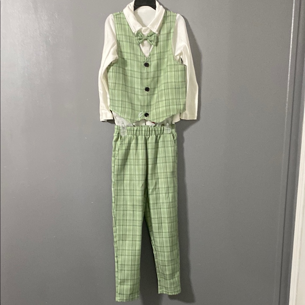Green Plaid Vest and Pants Set with White Shirt